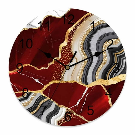 Wall Clock Red Marble Texture Clocks PVC Silent Non-Ticking Battery Operated Decorative Abstract Gold Fluid Round Clock for Home Living Room Kitchen Bedroom Office School Wall Decor 14 Inch