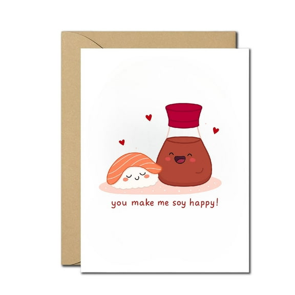 Cute Sushi Pun Greeting Card – You Make Me Soy Happy – Funny Love, Anniversary, Valentine’s Day Card with Envelope
