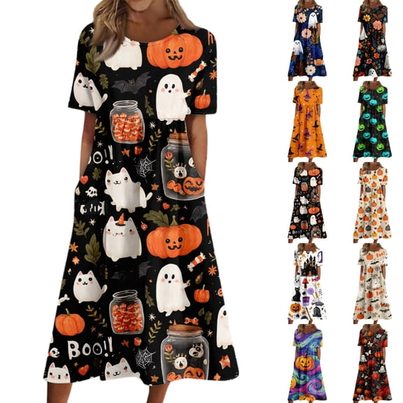 Women's Halloween Print Round Neck Midi Dress with Pockets Short Sleeve Loose Casual Dress Plus Size for Fall Daily Outfit Black L