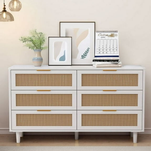 51.18"6-Drawers Rattan Storage Cabinet Rattan Drawer,for Bedroom,Living Room,White