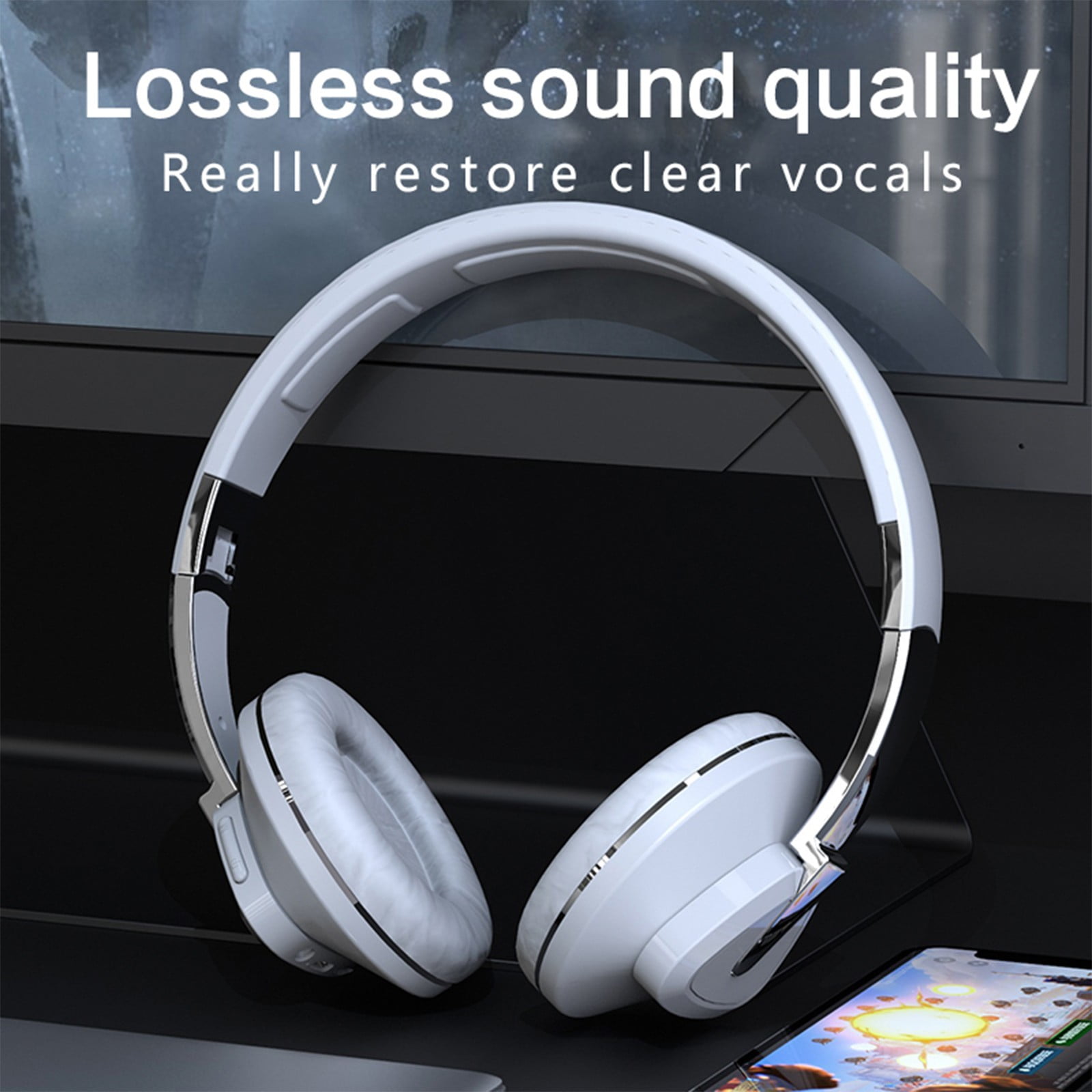 Bluetooth Headphones, 120H Playtime Headphones Wireless Bluetooth with 3 EQ Modes, Low Latency, Hands-Free Calls, Over Ear Headphones for Travel Home Office Cellphone PC - White