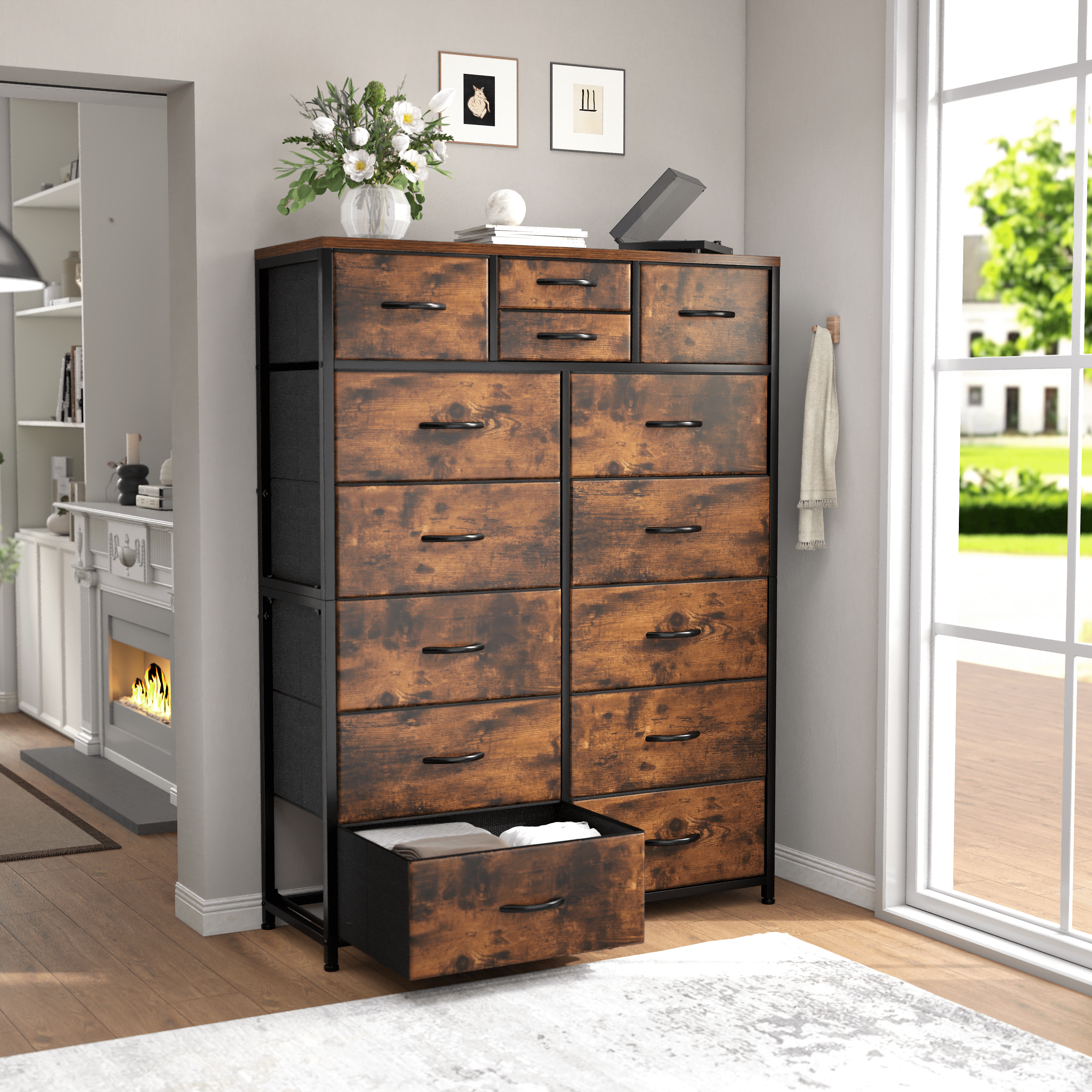 Tall Dresser for Bedroom with Fabric Drawers Dressers & Chests of Drawers for Closet, Sturdy Metal Frame, Wood Top, Rustic Brown
