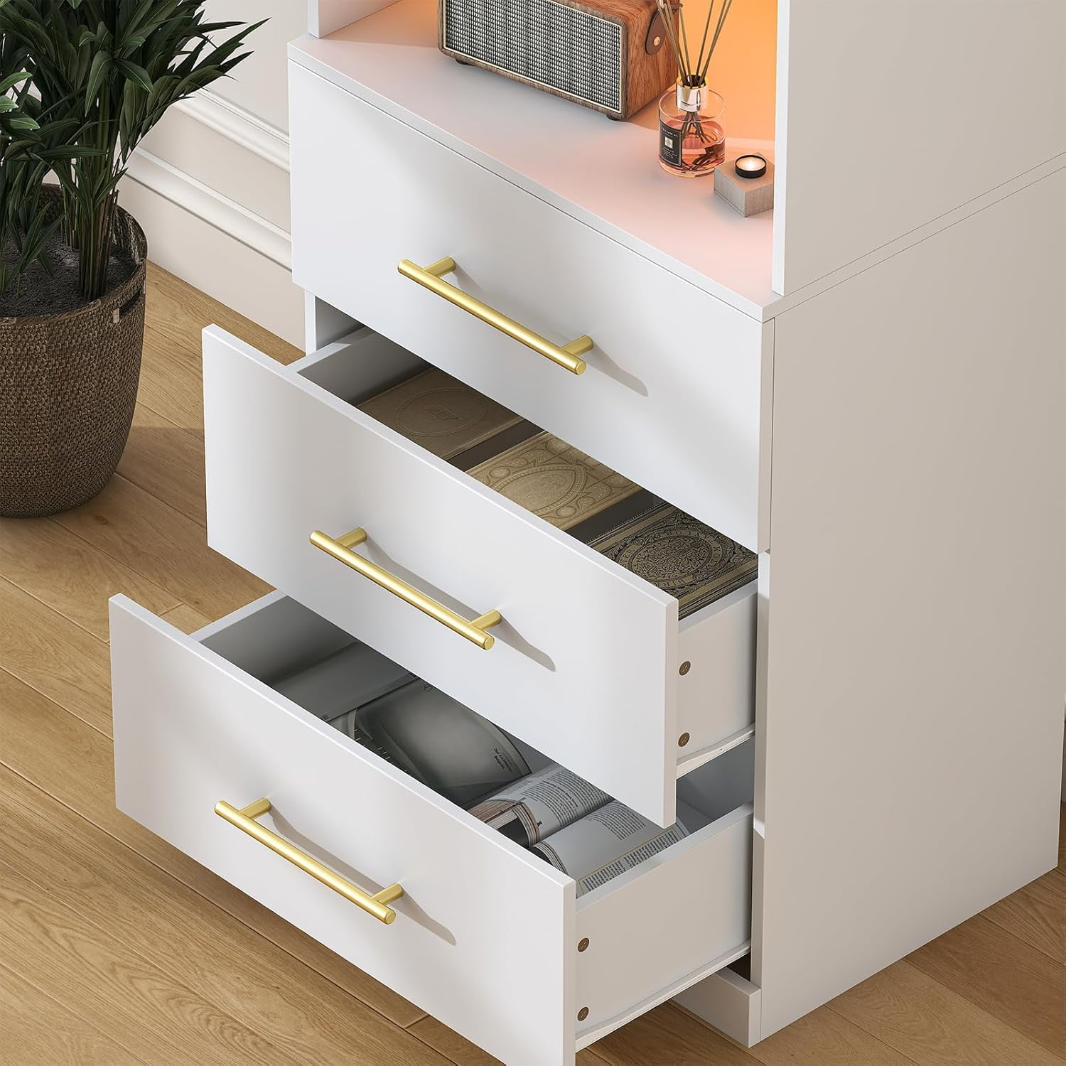Winkalon 71" H White Bookshelf with Drawers, Bookshelf and Bookcase with 3-Tier Open Shelves, Tall Bookcase Tall Storage Cabinet for Home Office