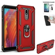 Phone Case For LG Journey / Aristo 4 Plus Screen Protector / Aristo 4  Case / AT&T Prime 2 Case / Shock absorbing Ring Holder-Stand Cover (CF Ring Red  Tempered Glass)