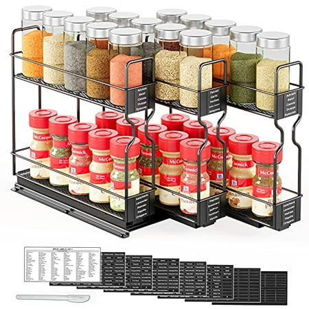 SpaceAid Pull Out Spice Rack Organizer for Cabinet  Heavy Duty Slide Out Seasoning Organizer for Kitchen Cabinets  with 415 Labels and Chalk Marker  7.2 W x10.5 D x10 H  3 Drawers 2-Tier  Black
