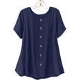 thumbnail image 5 of Linen Short Sleeve Tops for Women Casual Decorative Button Loose Fits Blouse Summer Round Neck Comfy Tops ,Navy,L, 5 of 9