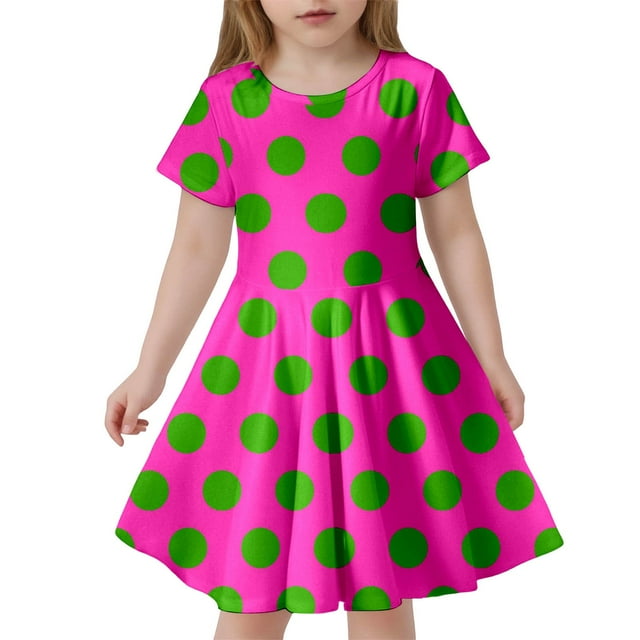 Robes Décontractées pour Filles, Été, Imprimé à Pois, Col Rond, Manches Courtes, Coupe Ajustée, Mode, Robe d'Été, mode Urbaine, Rose, 6-7 Ans