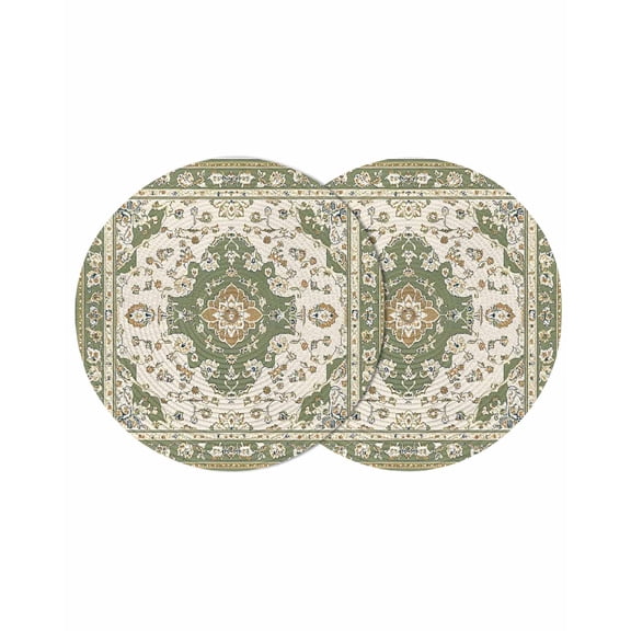Boho Vintage Round Table Placemats set of 2, Ethnic Tribal Floral Pattern Washable Woven Place Mats for Dining Tables Kitchen Party Decor,Heat Proof, 15in, Green Beige