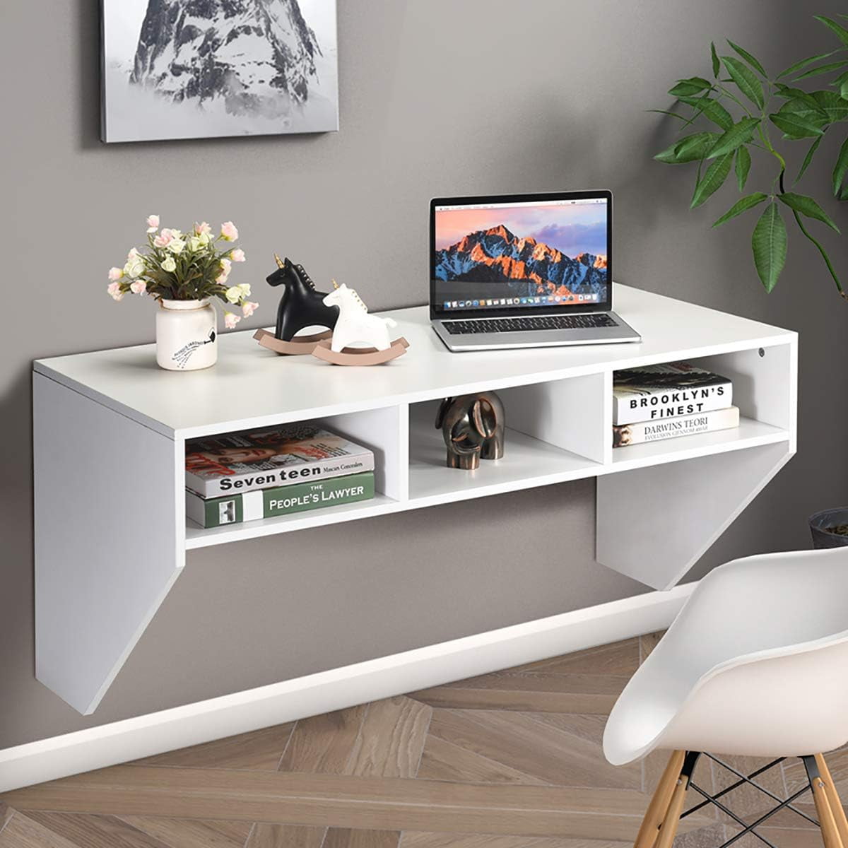 Gymax Computer Desk Wall Mounted Floating Table Home Office Shelf White