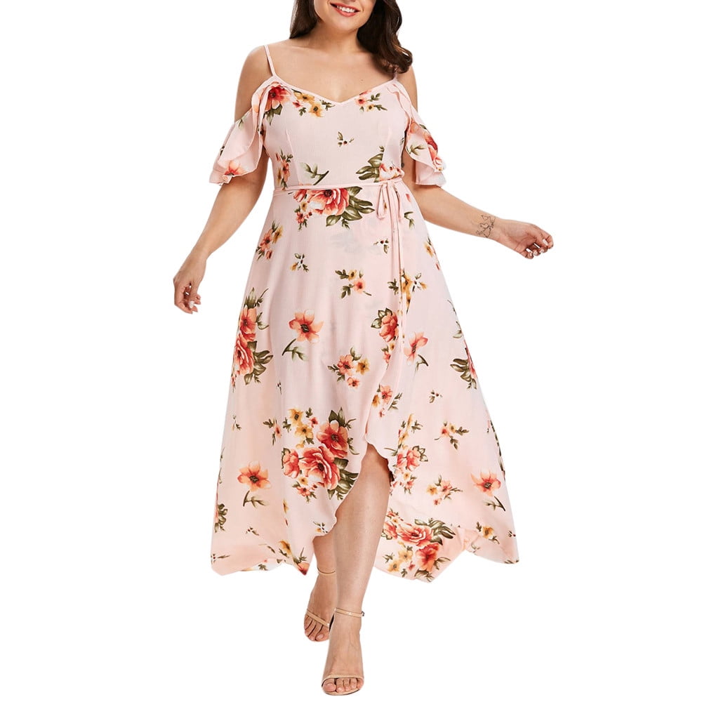 jsaierl Women's Summer Boho Floral Print Cold Shoulder Spaghetti Strap Tank  Dress Short Sleeve Plus Size Flowy Long Dress 