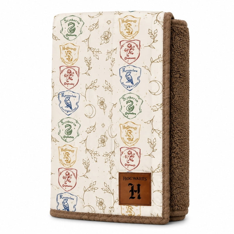 Harry Potter House Pattern Silk Touch Mink Velvet Throw with Leather Patch, 60x70 inches