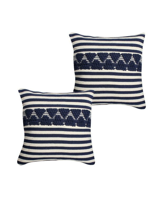 18 x 18 Handwoven Square Cotton Accent Throw Pillow, Classic Striped Pattern, Textured, Set of 2, White, Blue