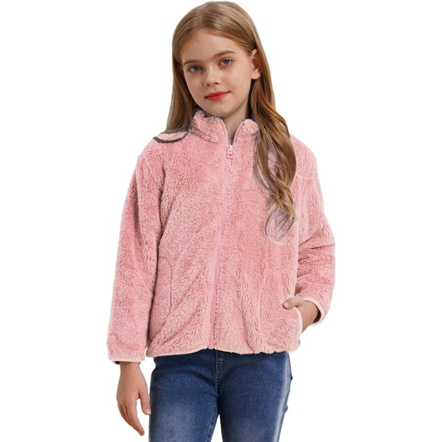 Jizyo Veste Chaude à Col Montant pour Filles Fermeture Éclair Polaire Décontractée Manches Longues Manteau d'Hiver Rose 120