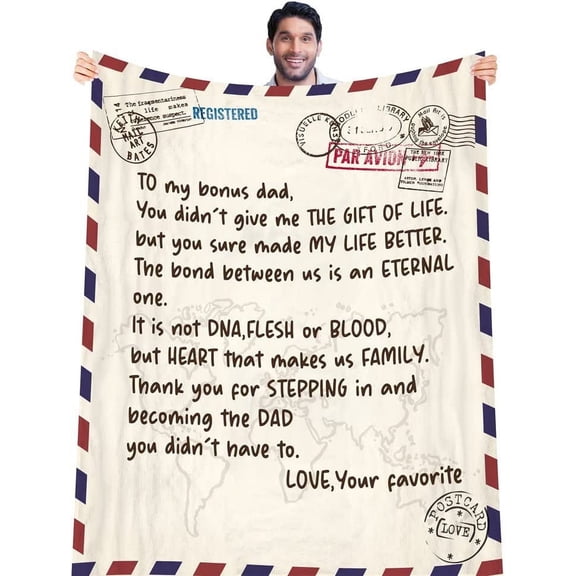 Best Bonus Dad Ever Blanket Gifts from Son in Law Daughter in Law Step Dad Fathers Day Birthday Gifts | to Bonus Dad Letter | Christmas Bday Presents for Father in Law Throw Blanket 50” X 60"