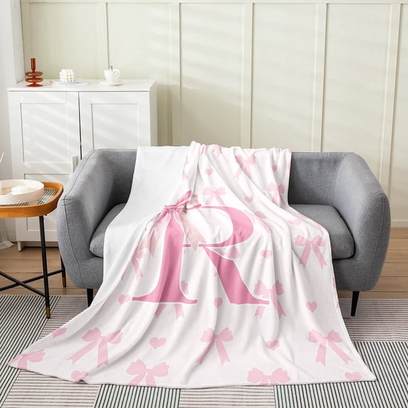 Initial Letter R Flannel Blanket All Seasons,Princess Style Pink Bowknot Girly Romantic Bed Blanket for Kawaii Home Decor,Dreamy Bow Love Hearts Kawaii Pink Blanket for Sofa Couch,40"x50"