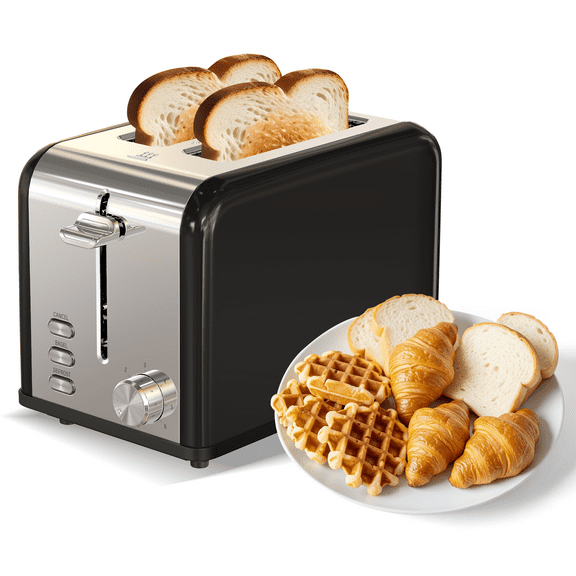 YSSOA Stainless Steel 2 Slice Toaster, 6 Browning Setting and Bagel/Defrost/Cancel Functions, Retro Compact Oven, Extra Wide Slot, Removable Crumb Tray, Black