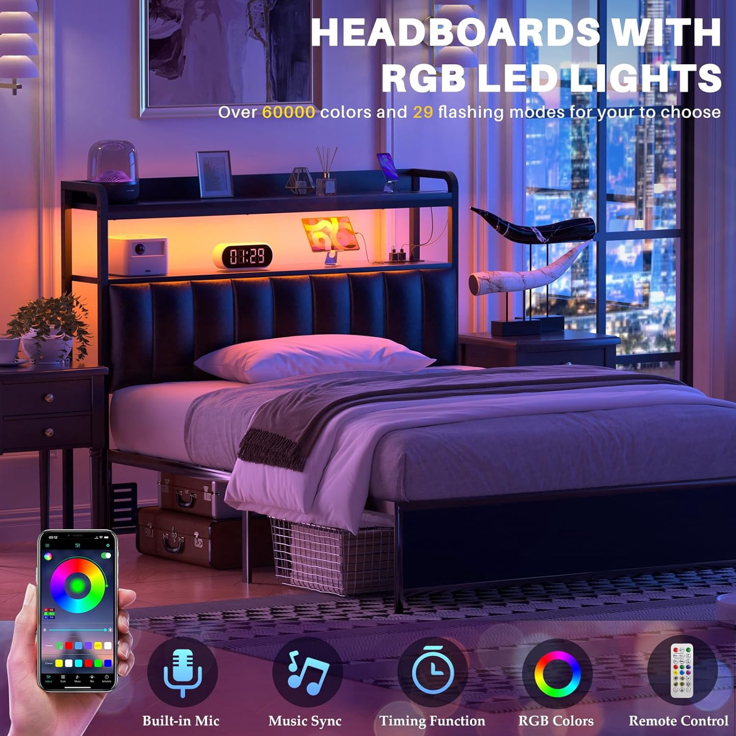 iSunirm Upholstered Headboard for Twin Size Bed, Head Board with Power Outlet & LED Lights, Easy Assembly, Black