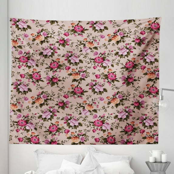 Flower Tapestry, Floral Pattern with Roses Twig Warm Colors Flower Arrangement Bouquets, Fabric Wall Hanging Decor for Bedroom Living Room Dorm, 5 Sizes, Tan Pink Dark Green, by Ambesonne
