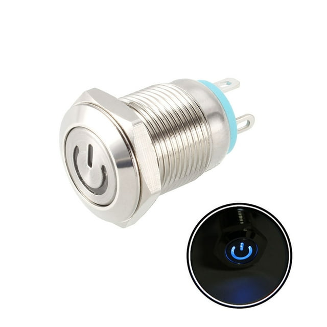 Interruptor de botón metálico momentáneo Uxcell cabeza plana 12mm diámetro de montaje 1NO 3-6V luz LED azul