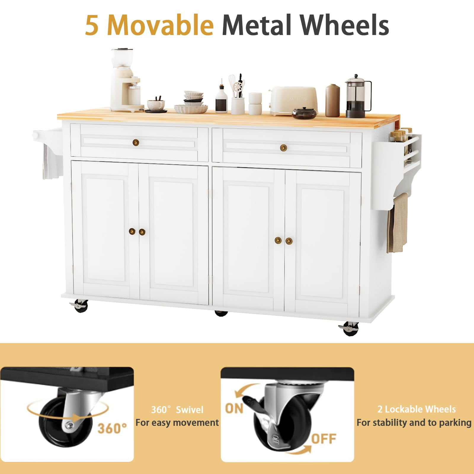 JassmiPkwy 67’’ Movable Kitchen Island with Drop Leaf Countertop, with Storage, 2 Drawers, Towel Rack, White