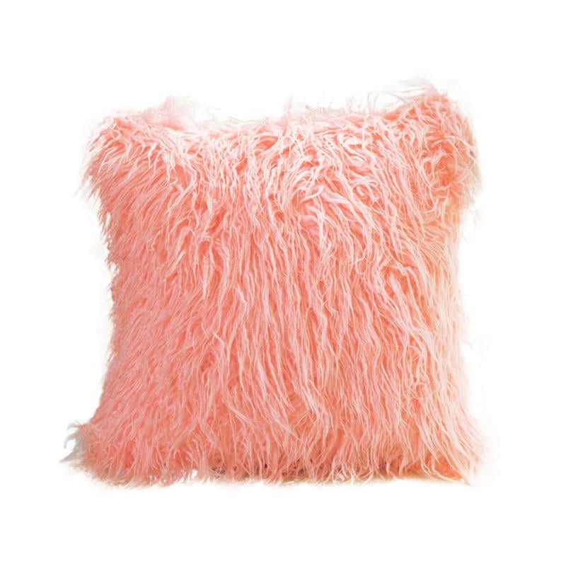 FAUX MONGOLIAN FUR CUSHION IN PINK WITH FAUX SUEDE BACK  45X45cms
