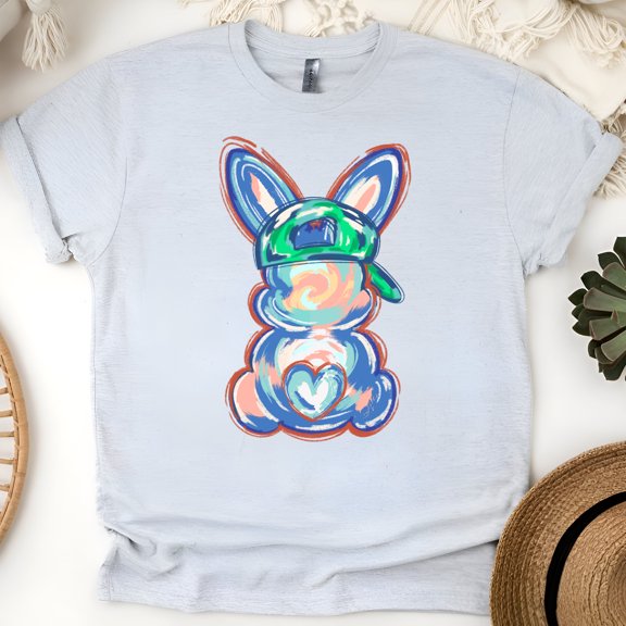 Unisex Bunny Graphic T-Shirt – Pastel Brushstroke with Cap Design, Ash, Size S