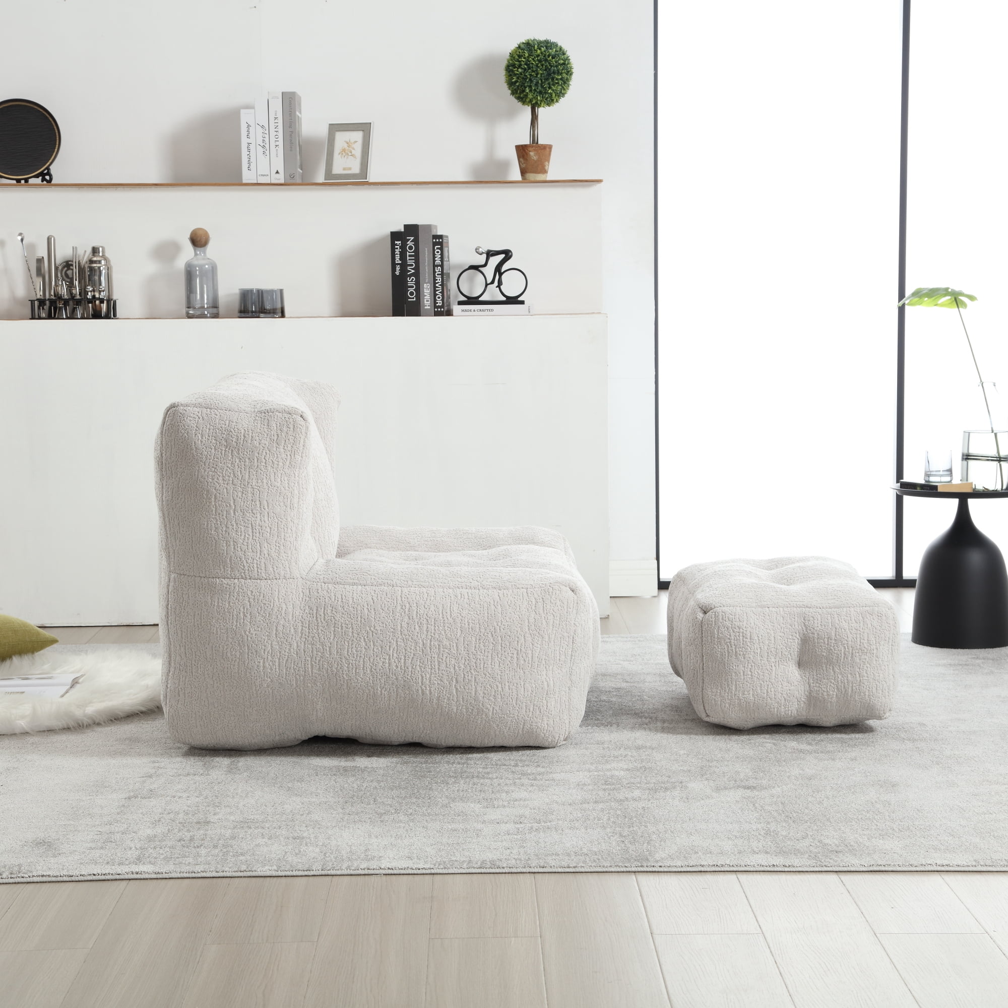 Accent Chair with Ottoman Set,Modern Velvet Bean Bag Chair for Adults and Childs,Upholstered Lazy Sofa Chair Armchair for Living room, Bedroom, Apartment,Light Gray