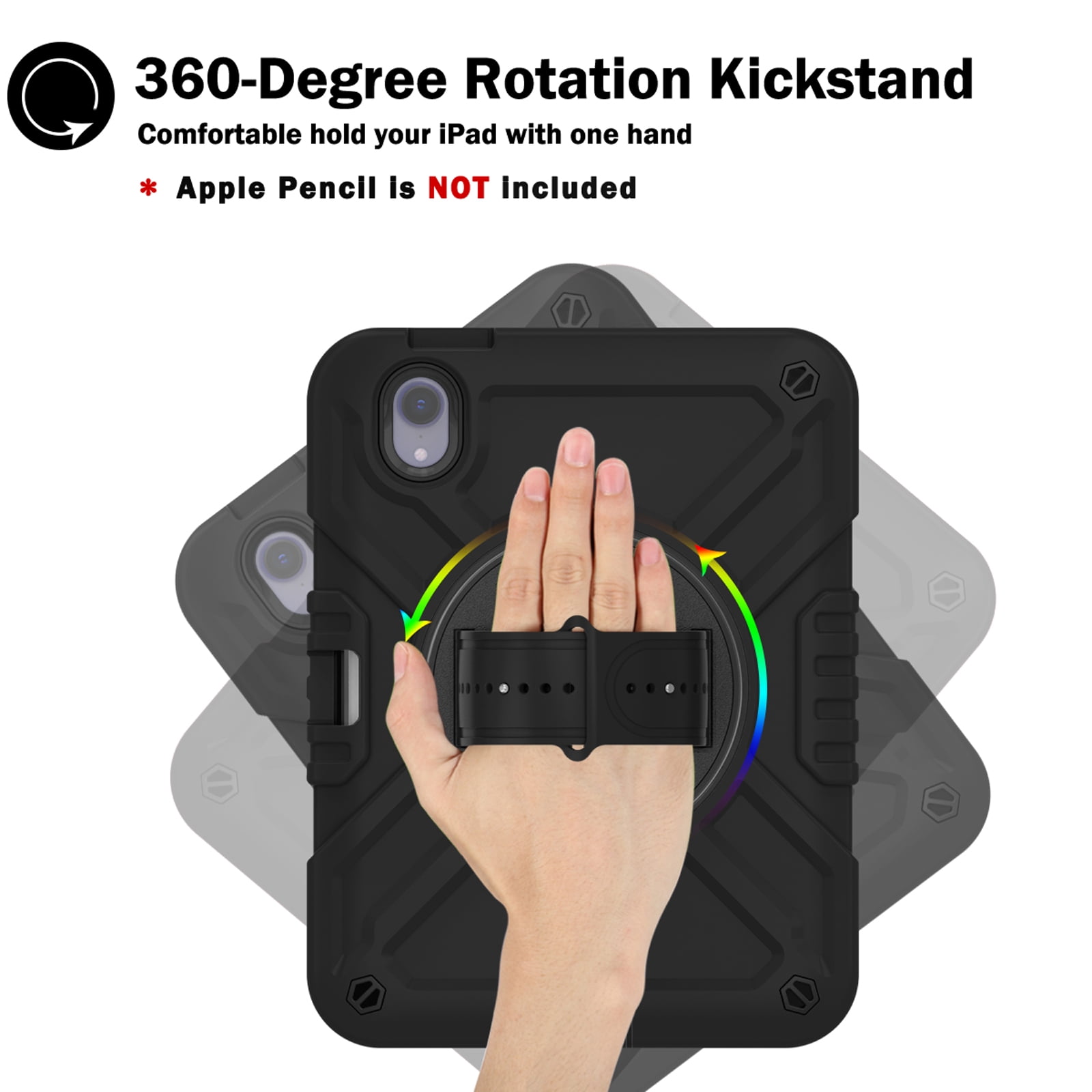 Dteck Case for iPad mini 7 (A17 Pro) 8.3 inch 2024/ iPad mini 6th Generation,Heavy Duty Rugged Drop Proof Shockproof Armor Case with Stand Pencil Holder Hand Strap Shoulder Strap,Black