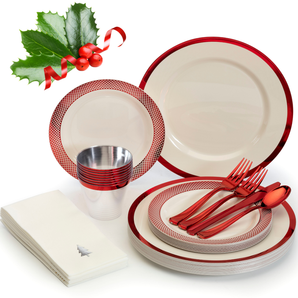 BY Madee 175 Pc Christmas Plastic Dinnerware Set Elegant Disposable
