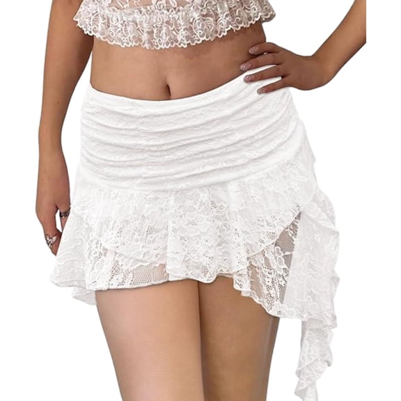 Women Lace Short Skirt Low Waist Pleated Ruffle Layered Asymmetrical Fairy Skirt