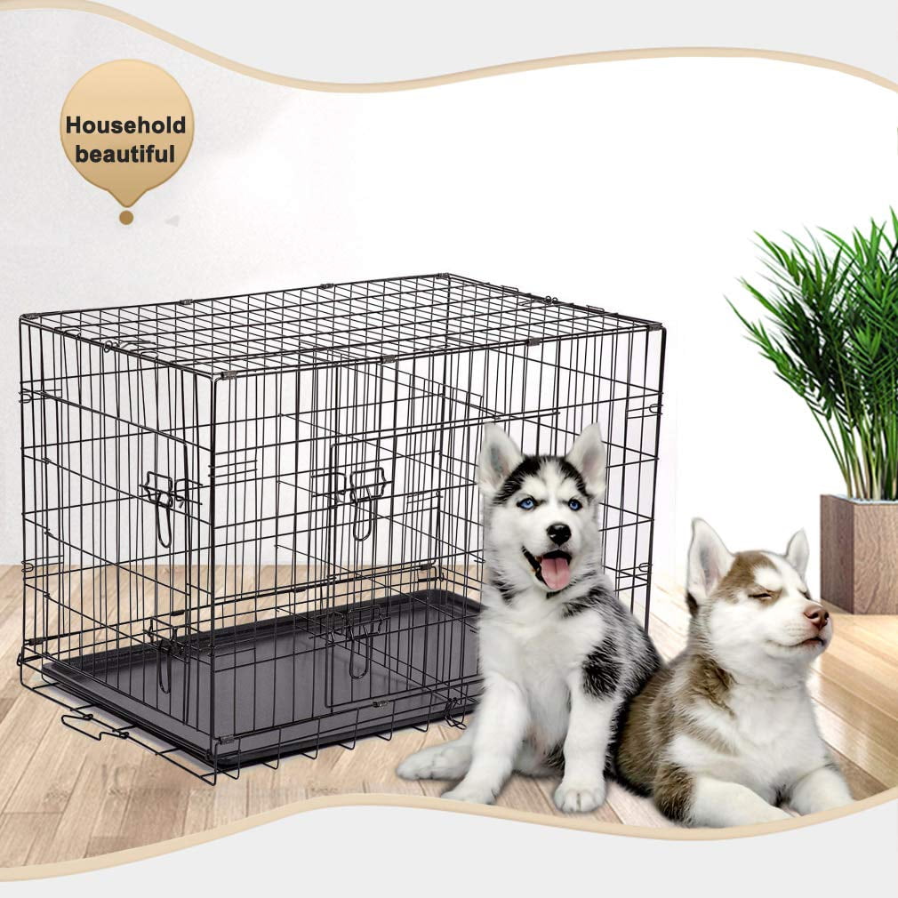 Extra Large Dog Crate Kennel 48"/42"/36"/30"/24" Folding Pet Cage Metal 2 Doors 