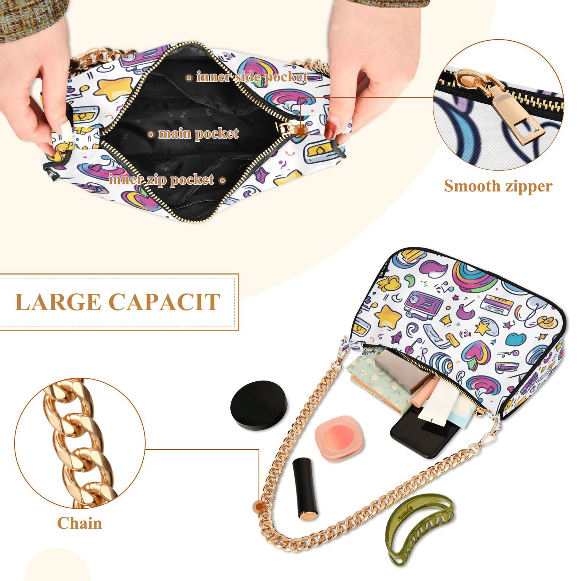 FORMRS Womens Shoulder Bag with Chain Strap Clutch Purse Cute Tote Handbag, Purple Doodle Pattern