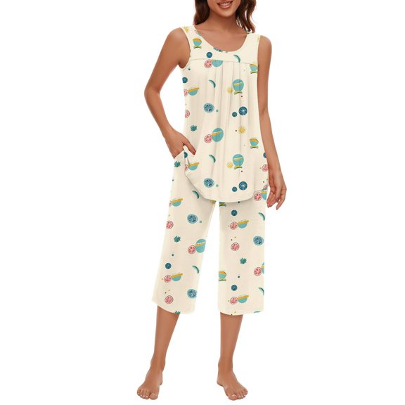 Bysome Fashion Pajamas Set For Women Sleepwear Soft Sleeveless Tank Top Capri Pants With Pocket Loungewear Sets Pajamas Sets Beige L