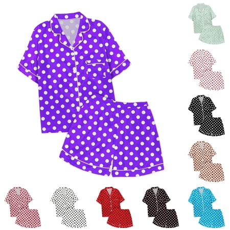 XIYON Girls Pajamas Set Children s Polka Dot Short Sleeved Button Up Top Shorts Pajama Set Nightwear Sleepwear Homewear 12-13 Years