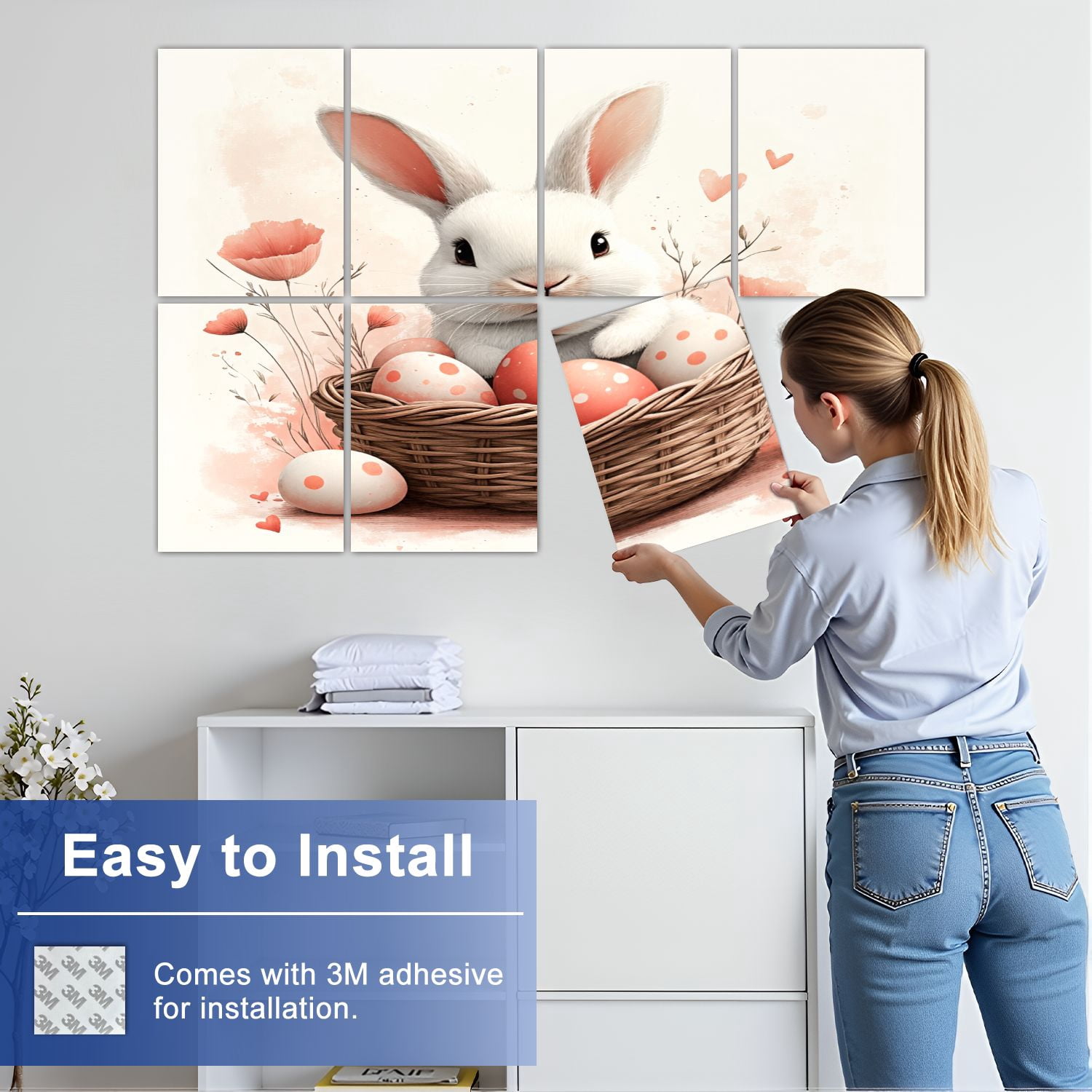 Bunny 8 Pack Art Acoustic Panels Sound Absorbing Bunny Basket Easter Eggs Decorative Soundproof Wall Panels Self Adhesive for Nursery Game Room Girls Bedroom 48"x32"
