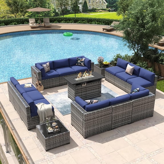 Aoxun 15 Piece Patio Furniture Set with 44” Fire Pit Table Wicker Rattan Outdoor Sectional Sofa Set with Coffee Table and 4” Thickened Cushions, Blue (Waterproof Cover Included)