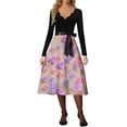 thumbnail image 4 of Valentine Day Dress for Women 1950S Retro Long Sleeve V-Neck Cocktail Dresses with Belt Love Heart Printing A-Line Dress 2026 Purple Pink L, 4 of 5