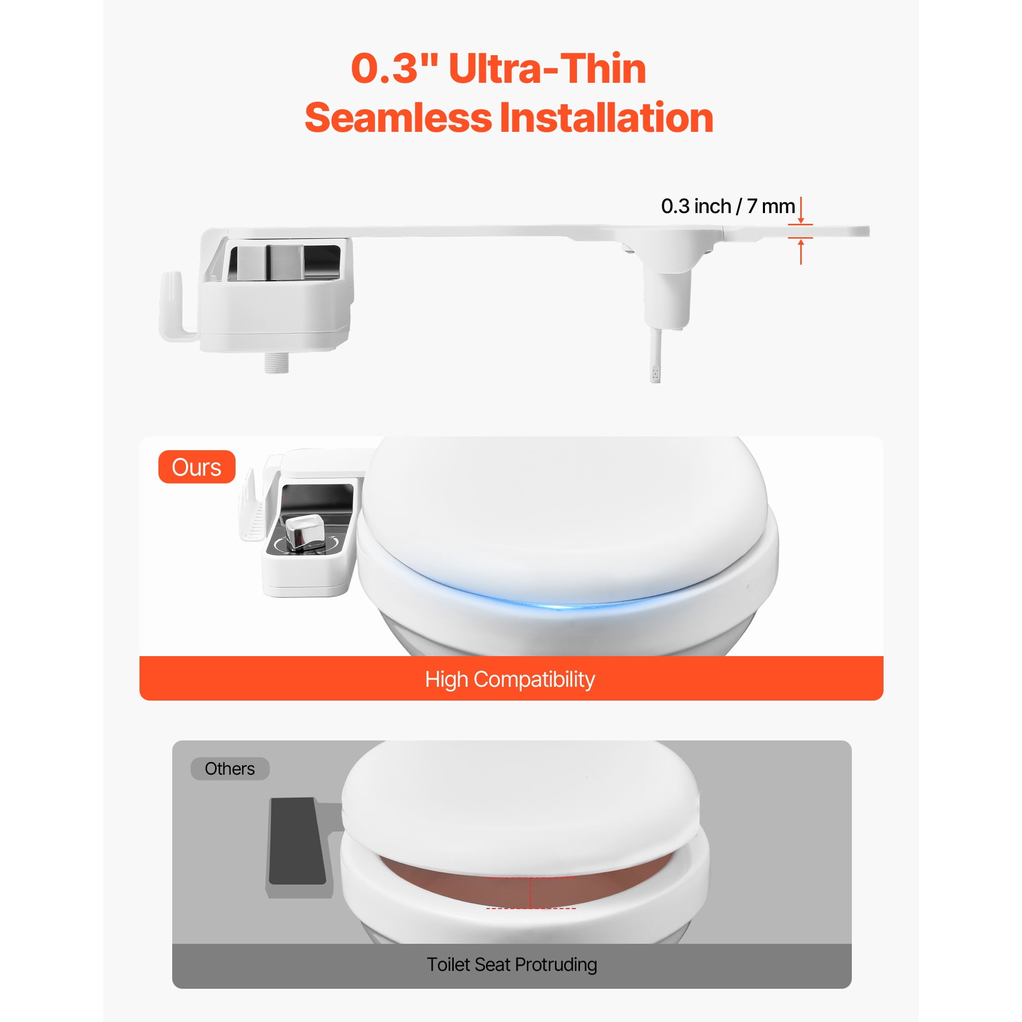 KFFKFF Ultra-Thin Bidet Attachment for Toilets, 0.3" Design - Dual Nozzles, Adjustable Water Pressure, Non-Electric Cold Water Sprayer for Front and Rear Cleansing, White