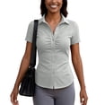 thumbnail image 4 of Women's Basic Button Down Shirts Short Sleeve Stretch Button Up Dress Shirt Slim Fit Waitress Work Shirts Light Gray S, 4 of 6