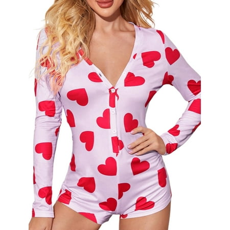 

EYIIYE Women Valentine s Day Jumpsuit Hearts Printed Button Down V Neck Pajamas One Piece Romper
