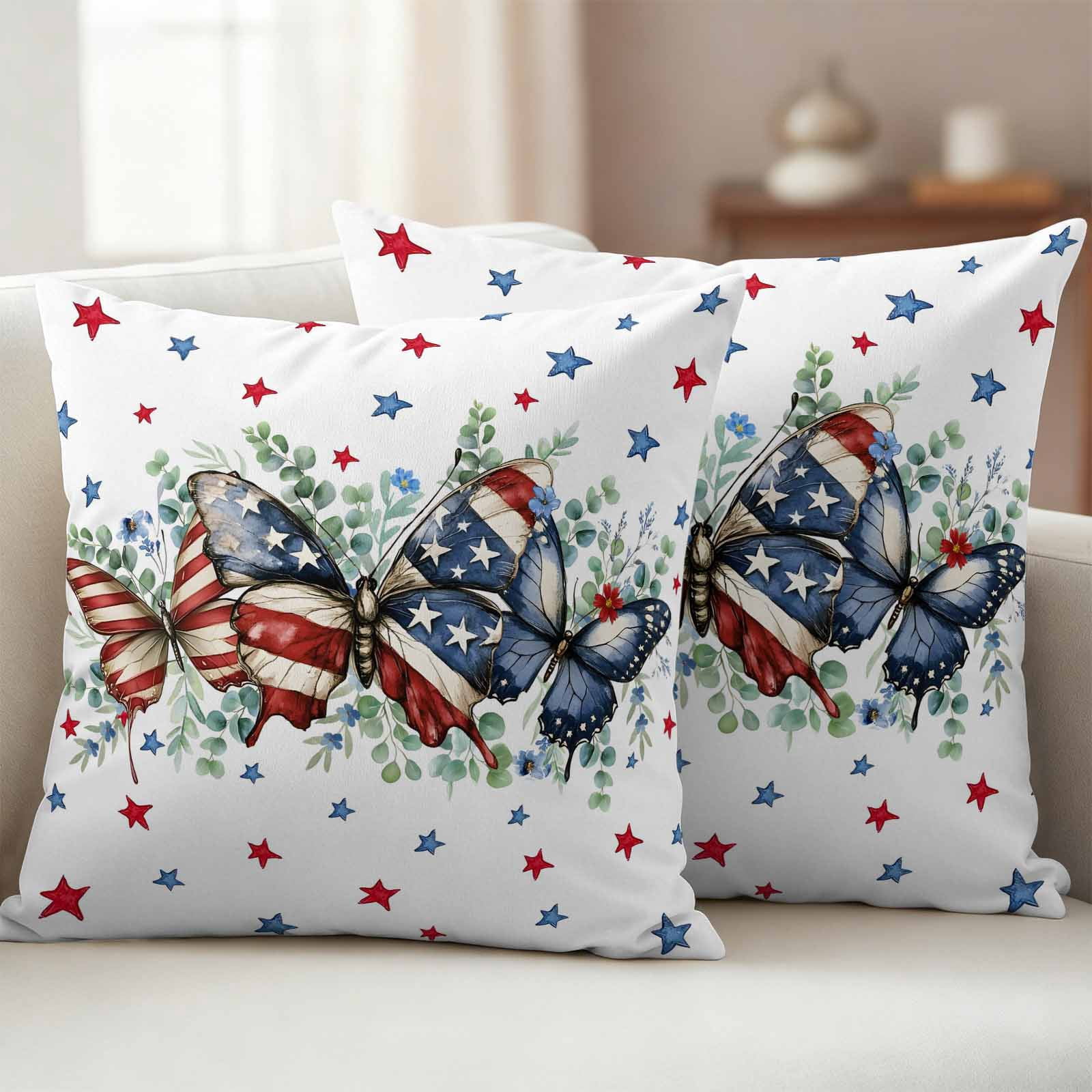 Waterproof Throw Pillow Covers 16x16 Set of 2, Patriotic Butterfly American Flag Theme Outdoor Pillowcases Invisible Zipper, Red White Blue Stars Decorative Cushion Covers for Patio Garden Sofa Couch