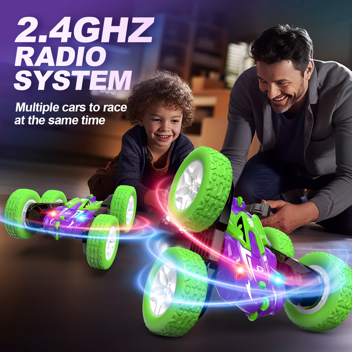 DEERC Remote Control Car, Double-Sided Driving RC Stunt Cars, 360° Spin 4WD Off-Road Car W/Dual Motors LED 2.4GHz Indoor/Outdoor Toy for Boys Age 4-7