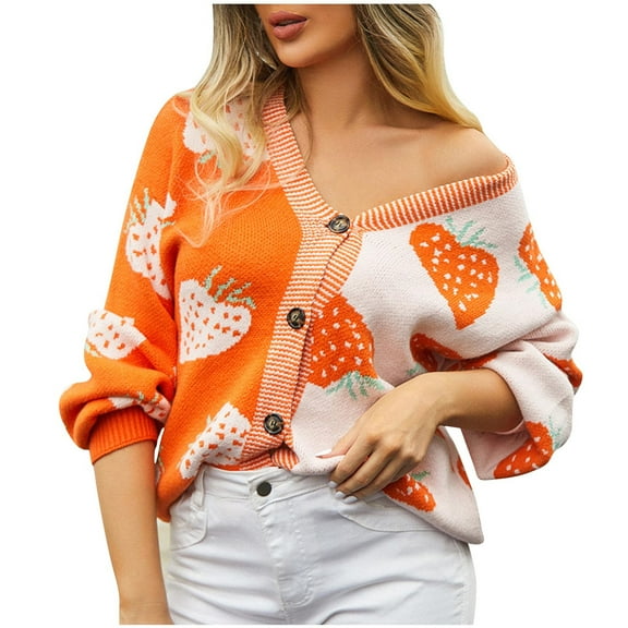 Womens Strawberry Cardigan Fall Long Sleeve Open Front Knit Sweater Casual Cute Graphic Cardigans Preppy Clothes Orange, M
