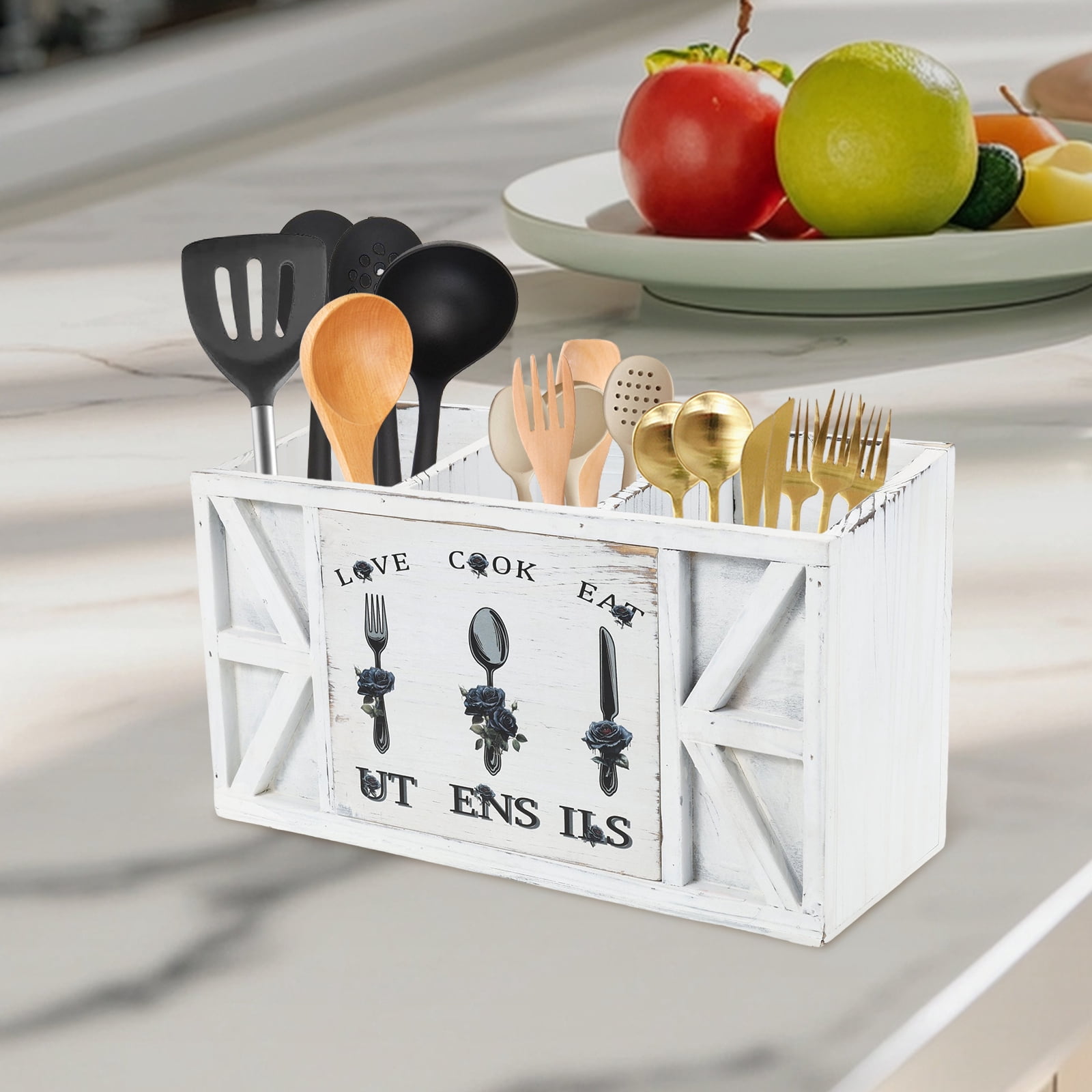 Tzdxfgl Wood Kitchen Utensil Holder for Countertop, Silverware Organizer with 3 Compartments, Large, White