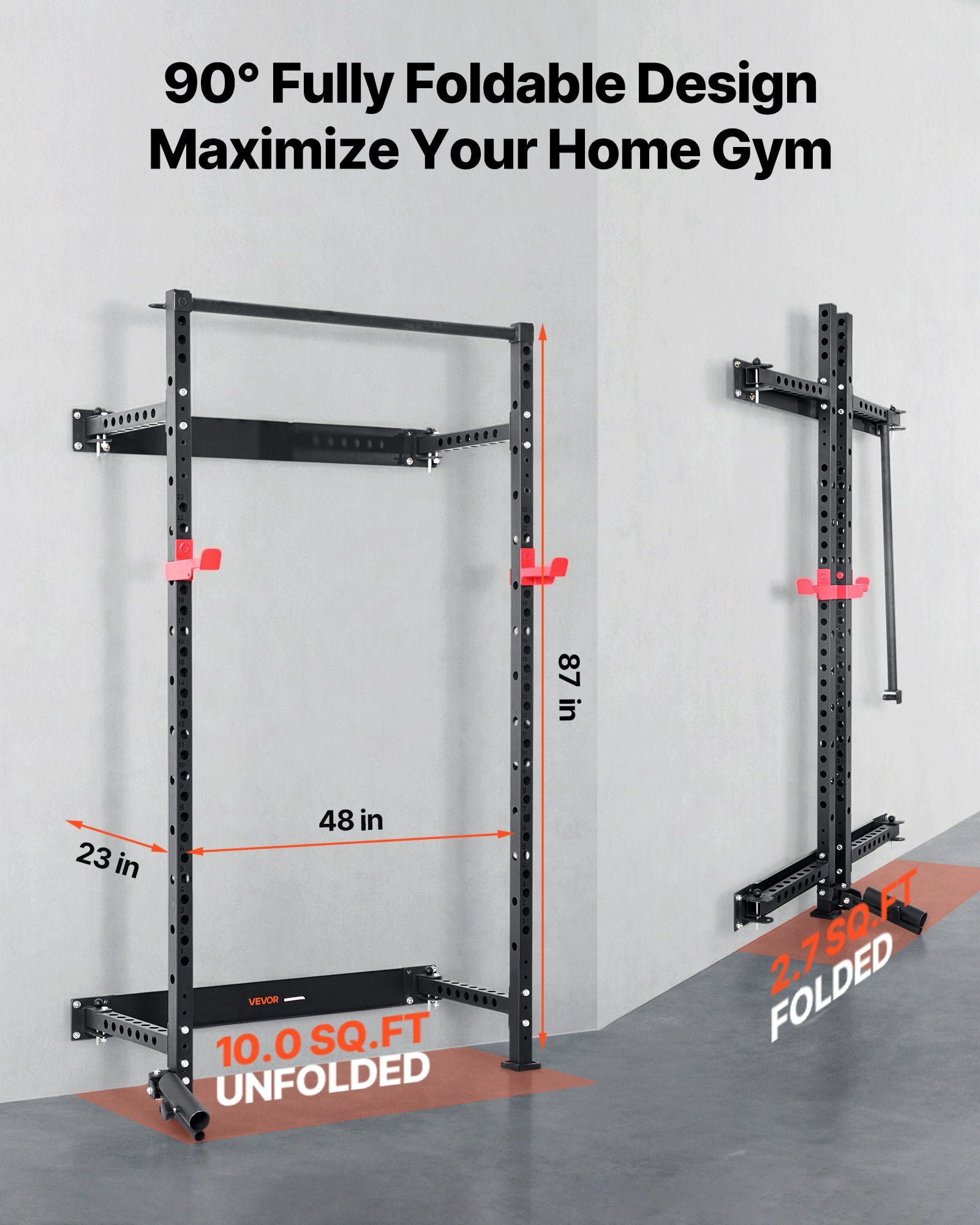 Folding Wall Cage, 1000lb, Landmine, J-Hooks, Pull-Up Bar for Home