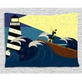 thumbnail image 1 of Lighthouse Tapestry, Grunge Abstract Artwork of a Mysterious Woman in a Boat Sea Storm, Wall Hanging for Bedroom Living Room Dorm Decor, 60W X 40L Inches, Dark Blue Yellow Brown, by Ambesonne, 1 of 2