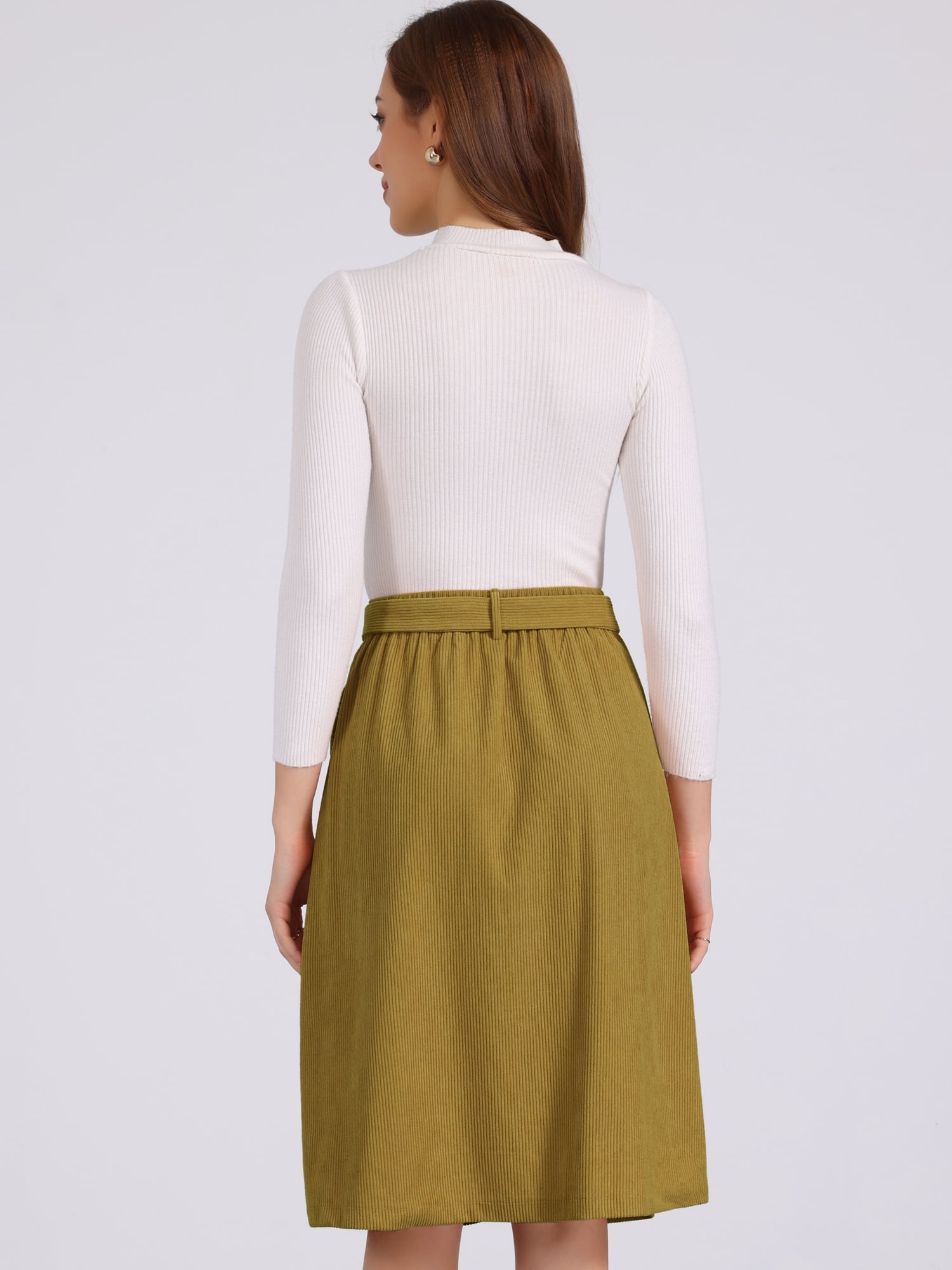 DARING DIVA Women's High Waist Button Front A-Line Belted Corduroy Skirt S Olive Yellow