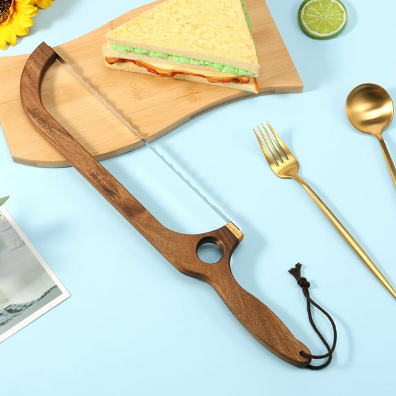 Bow Bread Knife with Stainless Steel Serrated Blade and Ergonomic Wood Handle Multifunctional Sourdough Bread Cutter with Protective Cover for Homemade Bread