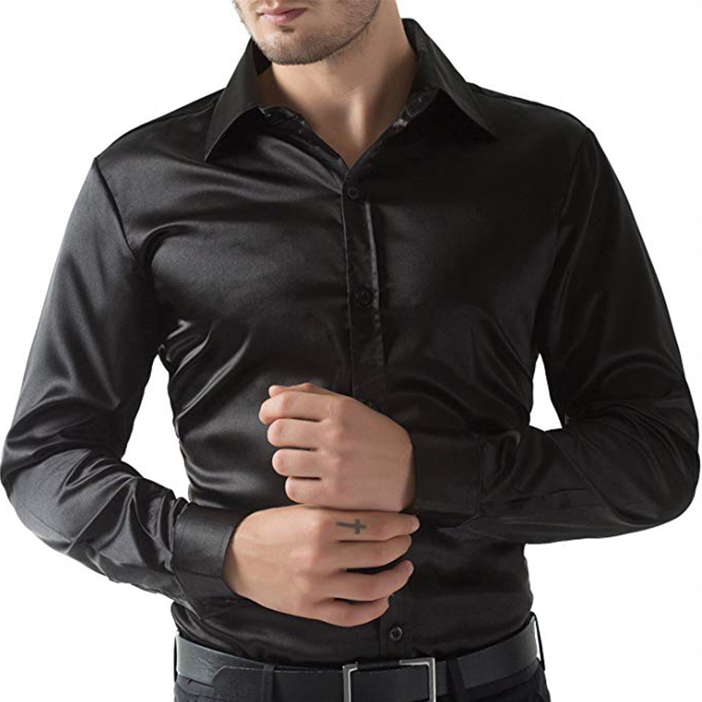 Focusnorm Men Formal Satin Silk Dress Shirt - image 3 of 5