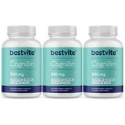 Bestvite Cognizin Citicoline 500mg (180 Vegetarian Capsules)(3-Pack) - Clinically Studied Form of Citicoline - No Stearates - Vegan - Non GMO - Gluten Free